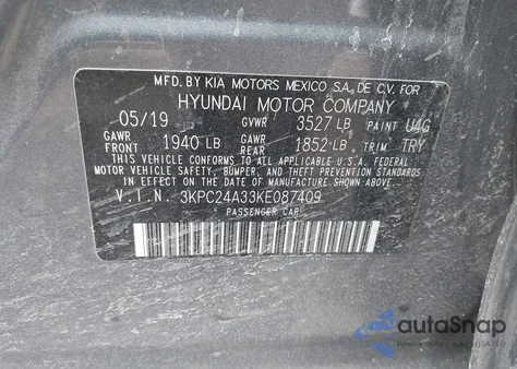 2019 Hyundai Accent Se z USA, uszkodzony, nr VIN 3KPC24A33KE087409